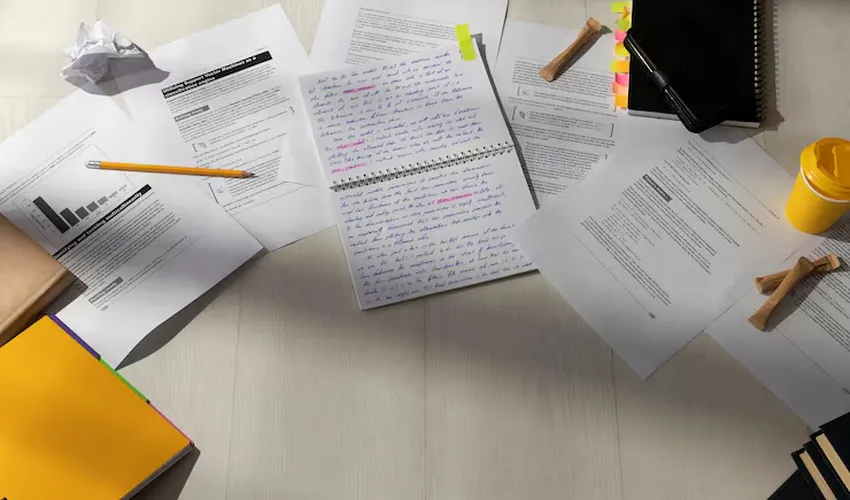 Handwritten study notes and papers